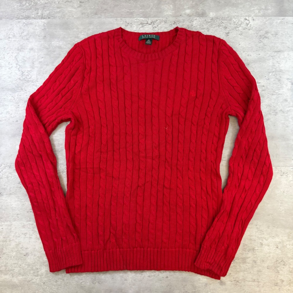 Lauren Ralph Lauren Red Cable Knit Cotton Crewneck Sweater Womens Medium